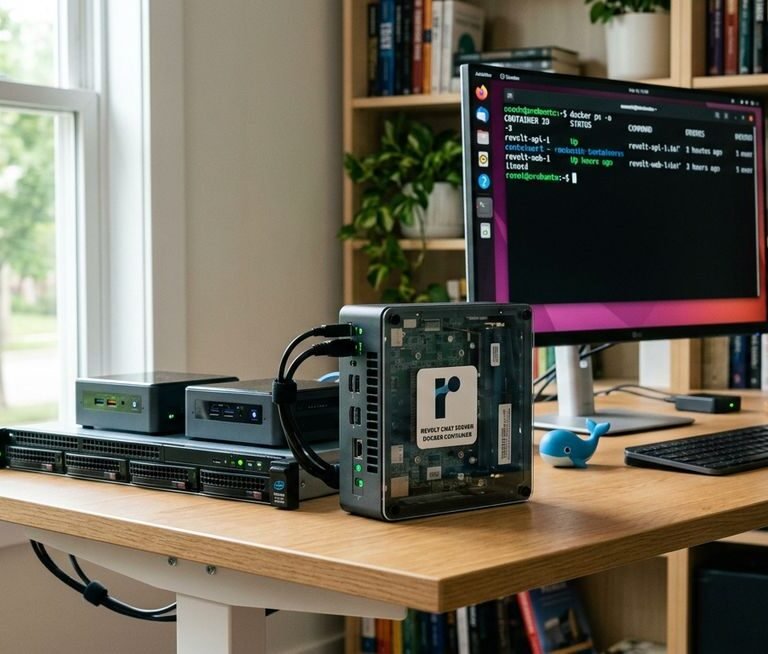 revolt chat self hosted — Docker deployment architecture diagram with container services