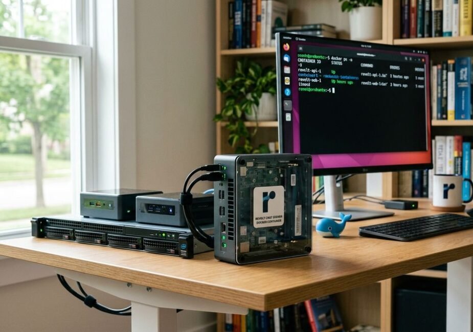 revolt chat self hosted — Docker deployment architecture diagram with container services
