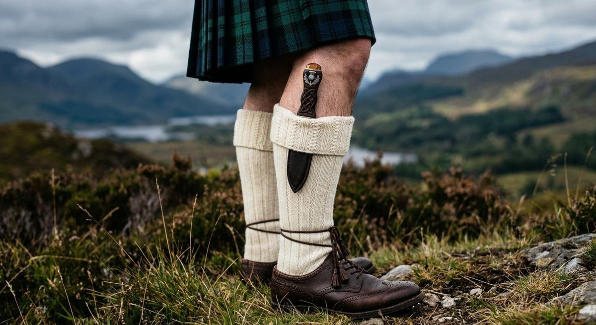 instructional diagram showing sgian dubh placement in kilt hose with handle height and blade orientation marked