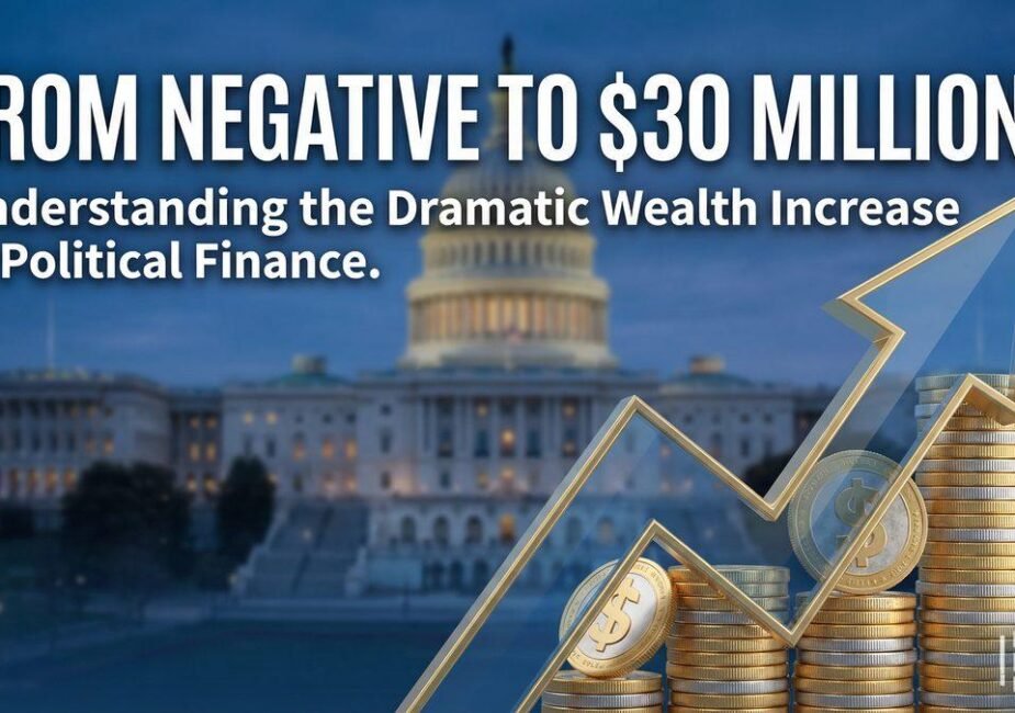 Ilhan Omar net worth: Capitol building with upward arrow and dollar coins representing dramatic wealth increase