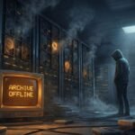 A retro gaming archive server room going offline, representing Myrient's shutdown in March 2026