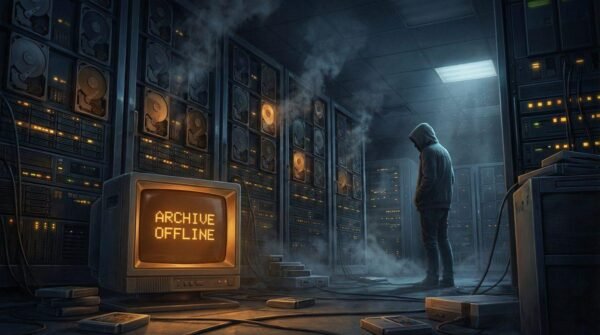 A retro gaming archive server room going offline, representing Myrient's shutdown in March 2026