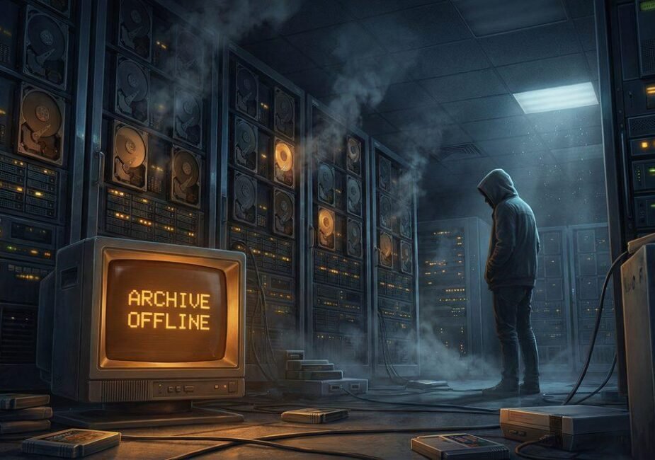 A retro gaming archive server room going offline, representing Myrient's shutdown in March 2026