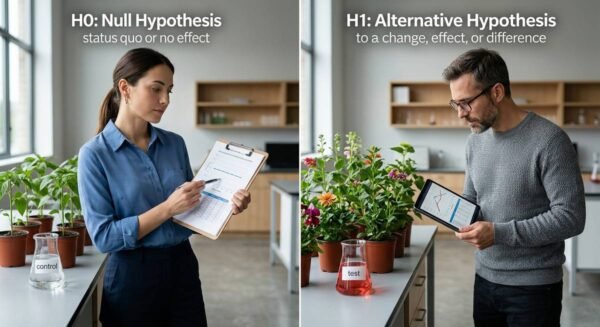 Visual guide to null and alternative hypotheses showing H₀ versus H₁ comparison