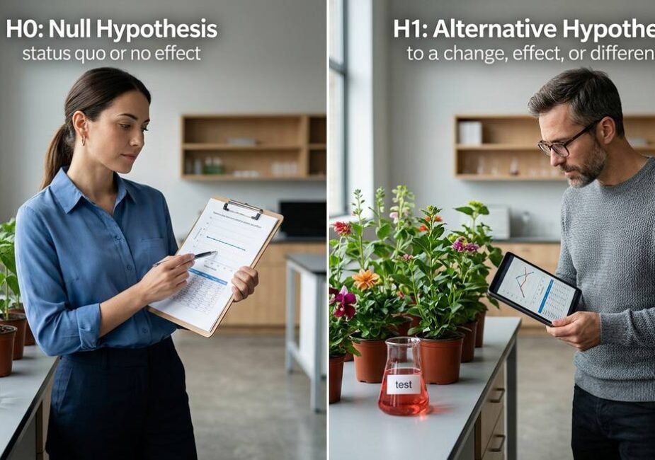 Visual guide to null and alternative hypotheses showing H₀ versus H₁ comparison