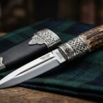 sgian dubh knife tucked into kilt hose with stag horn handle visible above sock
