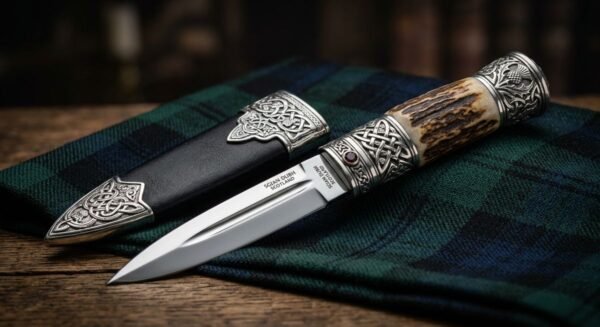 sgian dubh knife tucked into kilt hose with stag horn handle visible above sock