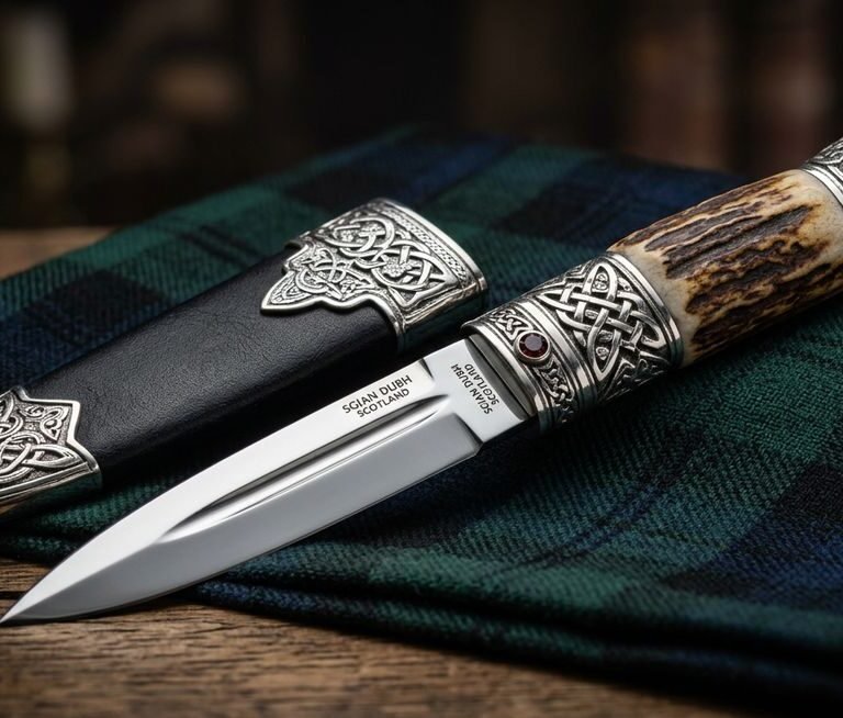 sgian dubh knife tucked into kilt hose with stag horn handle visible above sock