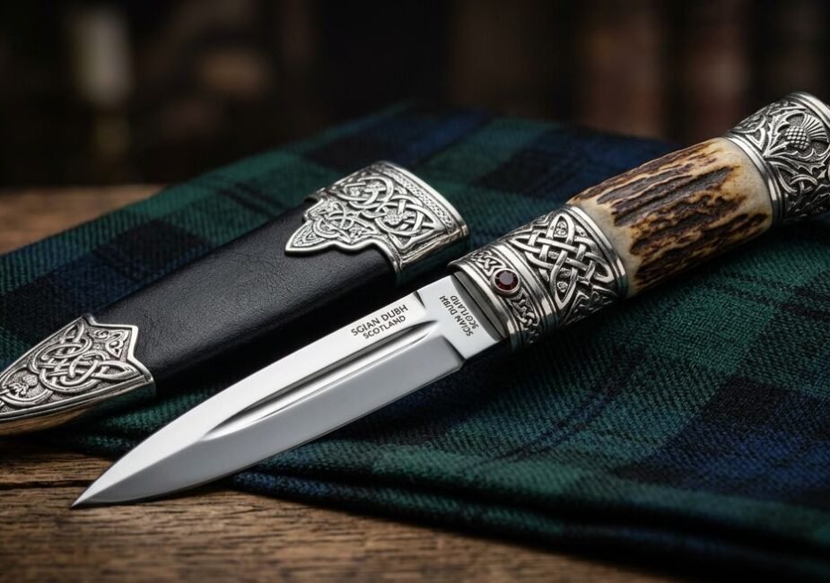 sgian dubh knife tucked into kilt hose with stag horn handle visible above sock