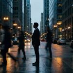 A lone figure standing still in a blurred, busy city street at dusk, representing the hidden nature of a sleeper cell operative