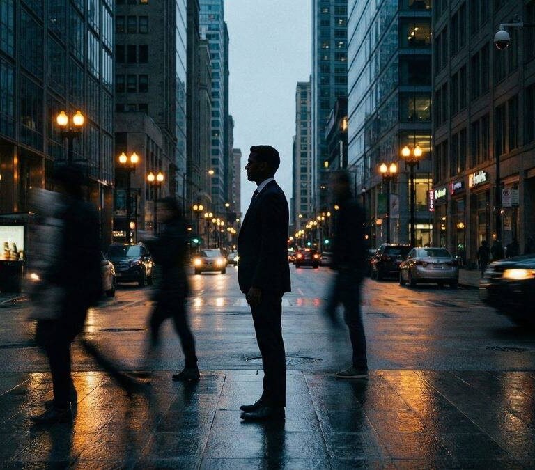 A lone figure standing still in a blurred, busy city street at dusk, representing the hidden nature of a sleeper cell operative