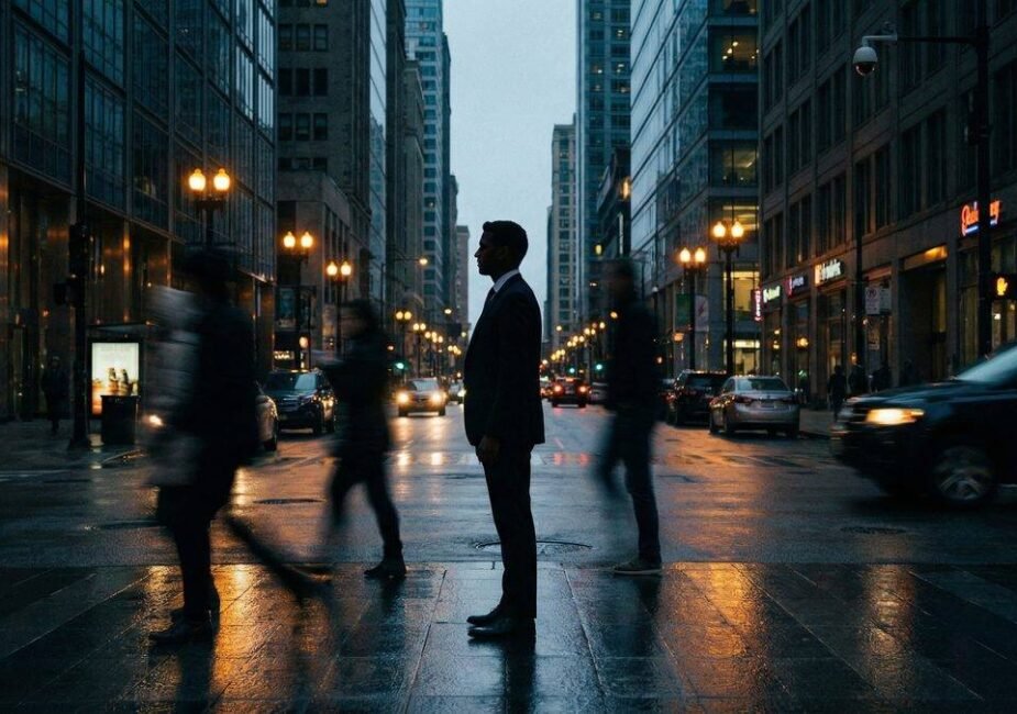 A lone figure standing still in a blurred, busy city street at dusk, representing the hidden nature of a sleeper cell operative
