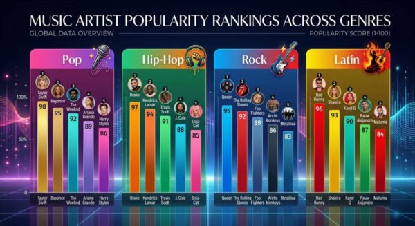 Data visualization showing Spotle artist distribution across 12 genre categories with popularity ranking tiers