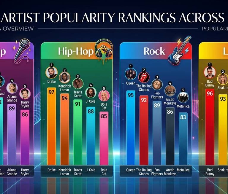 Data visualization showing Spotle artist distribution across 12 genre categories with popularity ranking tiers