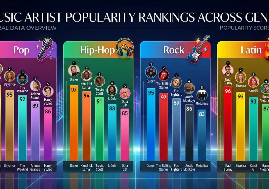 Data visualization showing Spotle artist distribution across 12 genre categories with popularity ranking tiers