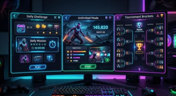 Comparison of Spotle game modes showing Daily, Unlimited, Endless, Custom, and Brackets interfaces