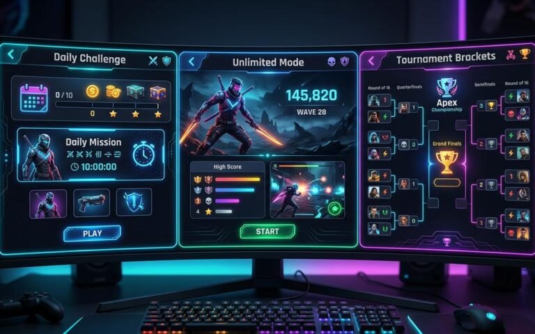 Comparison of Spotle game modes showing Daily, Unlimited, Endless, Custom, and Brackets interfaces