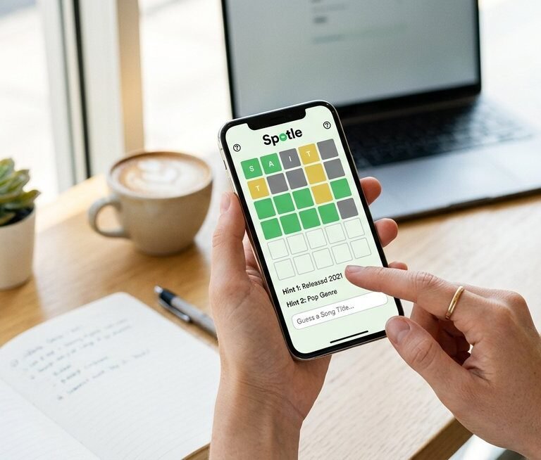 Spotle music guessing game interface showing color-coded attribute clues for identifying a mystery Spotify artist