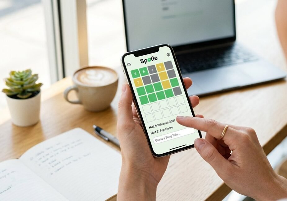 Spotle music guessing game interface showing color-coded attribute clues for identifying a mystery Spotify artist