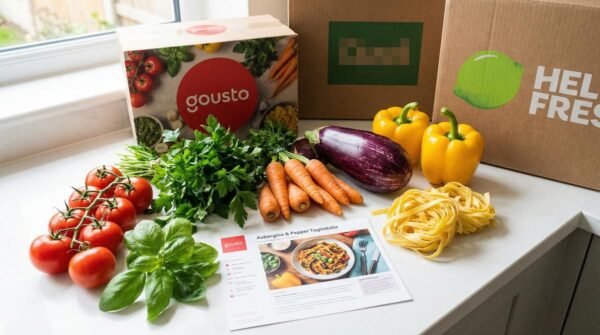 Fresh ingredients and recipe boxes spread on a kitchen countertop — the best HelloFresh alternatives UK