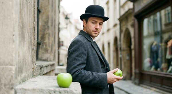 son of man painting by Rene Magritte — suited man with bowler hat and floating green apple obscuring his face against a grey coastal sky