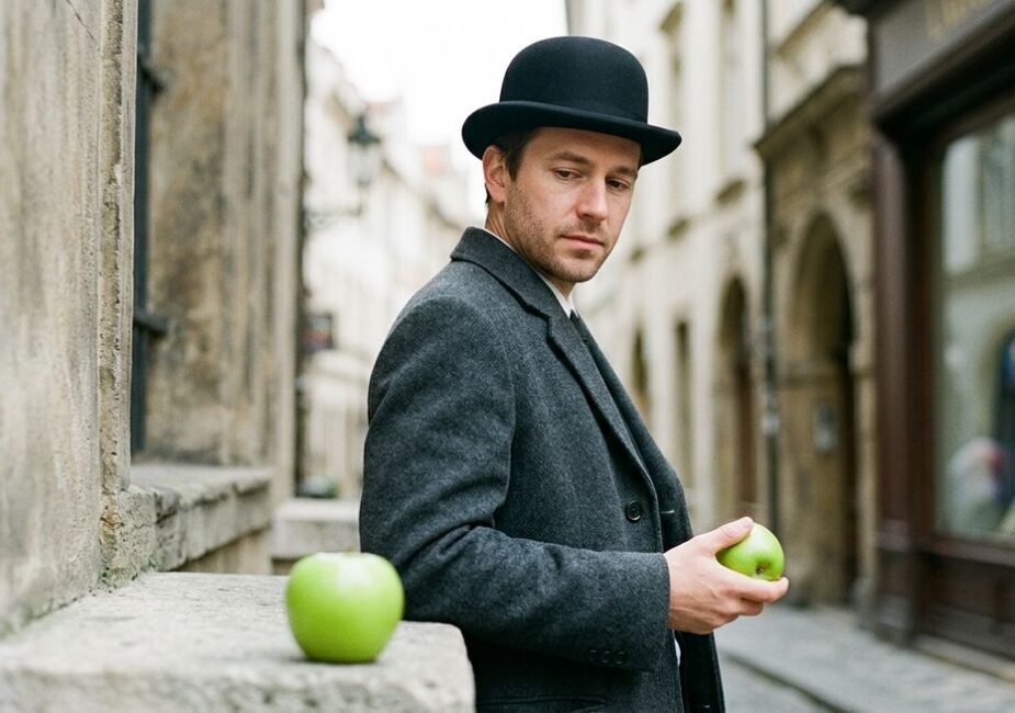 son of man painting by Rene Magritte — suited man with bowler hat and floating green apple obscuring his face against a grey coastal sky