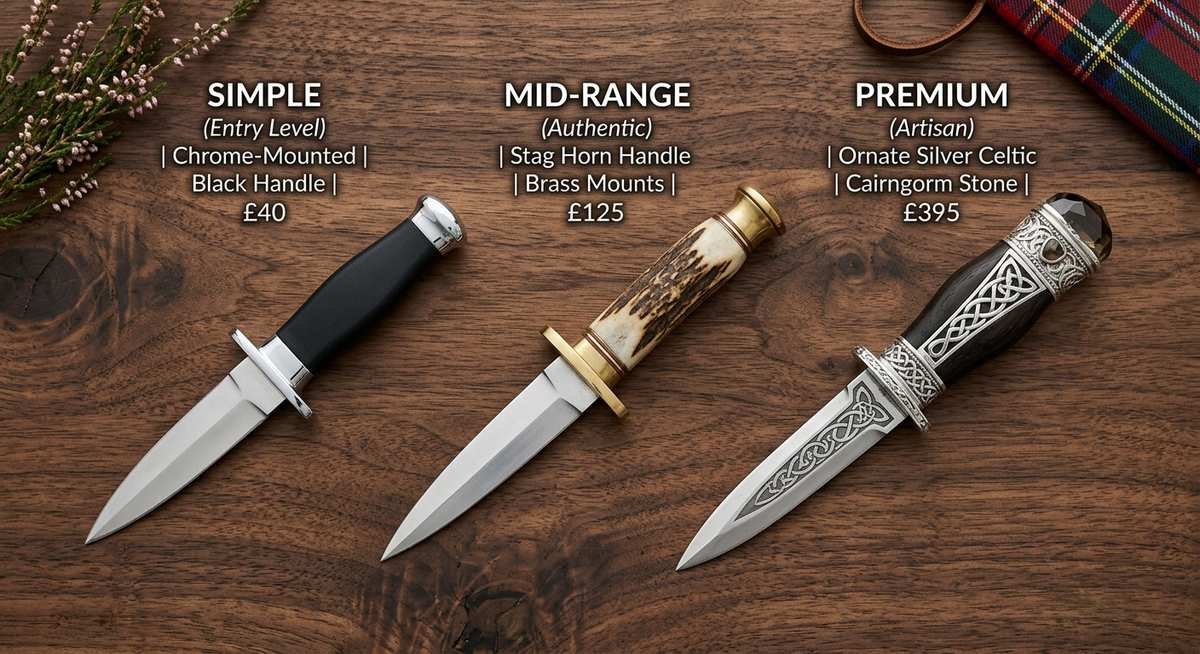 sgian dubh quick reference guide comparing pronunciation, wearing position, legal status, and price tiers