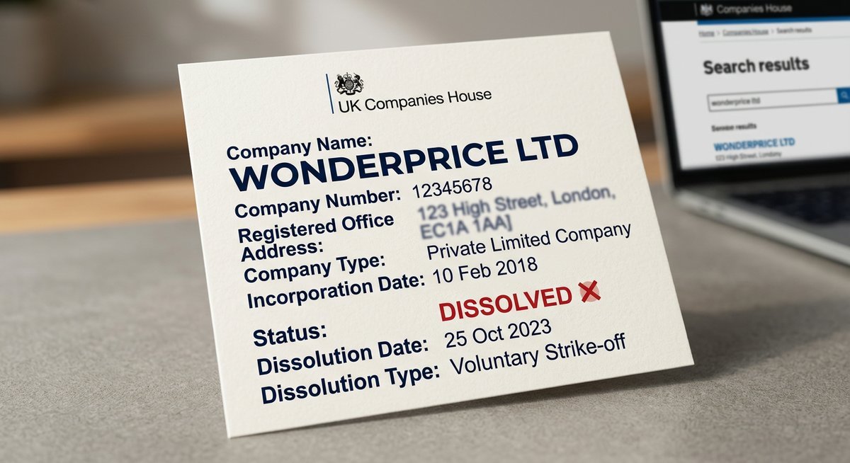 Stylised recreation of a Companies House company record card showing key fields labelled — company name