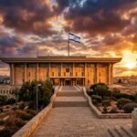 Limor Son Har-Melech — Israeli Knesset building in Jerusalem at golden hour with the menorah sculpture