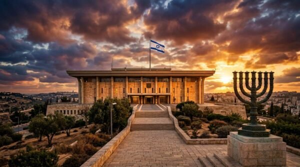 Limor Son Har-Melech — Israeli Knesset building in Jerusalem at golden hour with the menorah sculpture