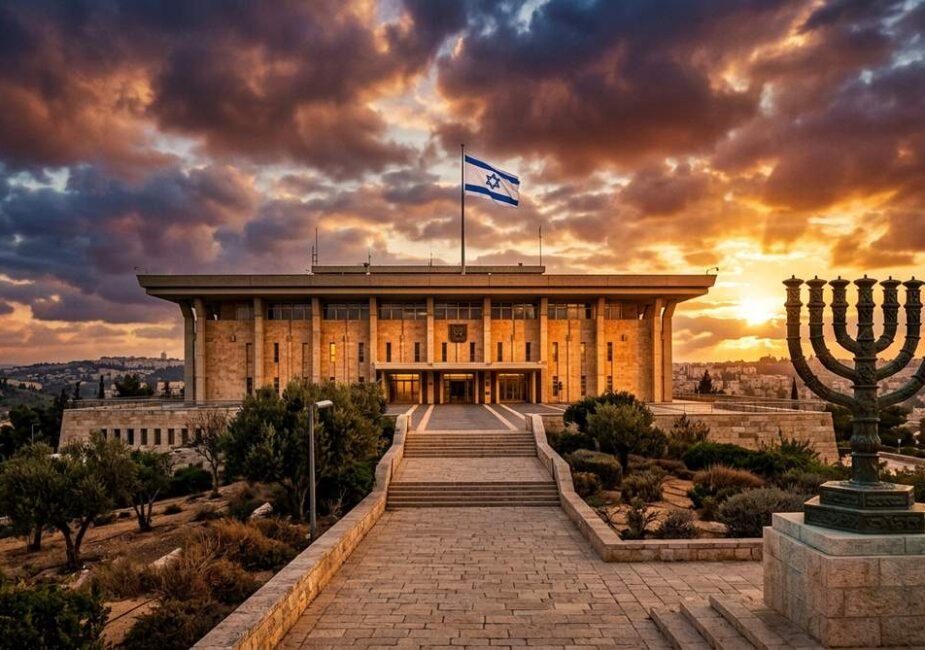 Limor Son Har-Melech — Israeli Knesset building in Jerusalem at golden hour with the menorah sculpture